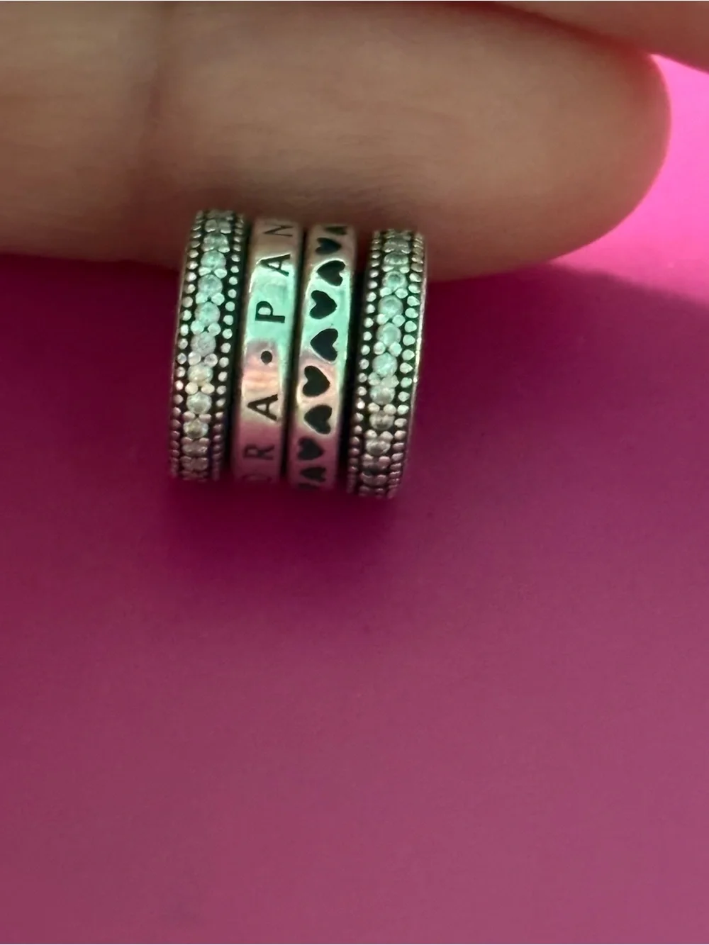 Pandora Sterling Silver Stacked Heart Spacer Charm - Pink Background